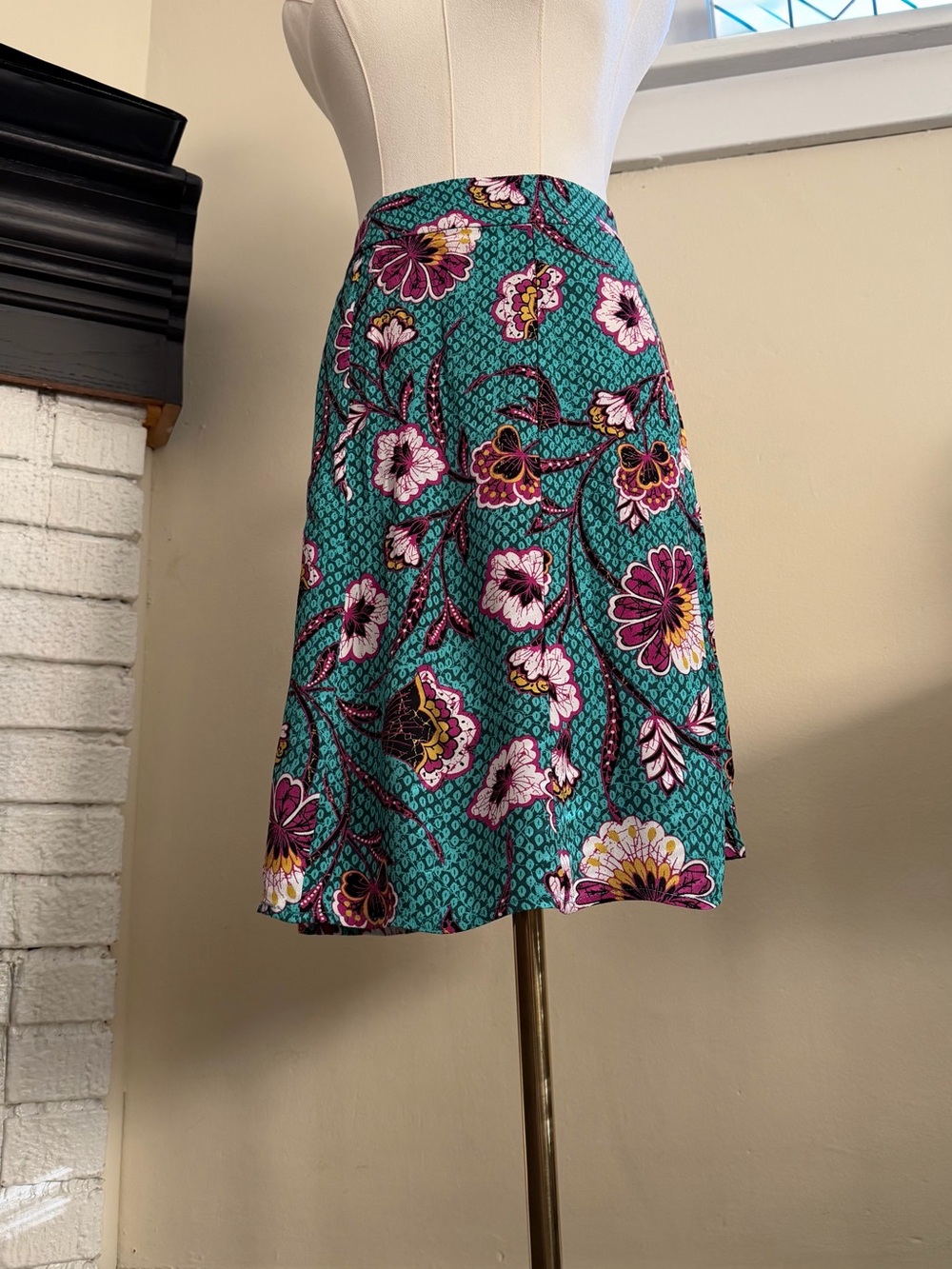 LOFT Teal Floral A-Line Skirt with Pink and Purple Accents